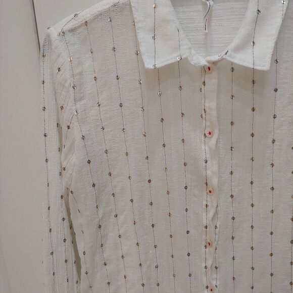 Feather Bone Anthro White Sequin Button Up Top XS - Picture 3 of 6